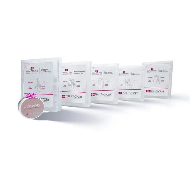 Kit Dual Tips Pro Nail Factory | Tips Moldes para Dual System | Número 0 al 11 | 5 cajas con distintos modelos 120 pz por caja