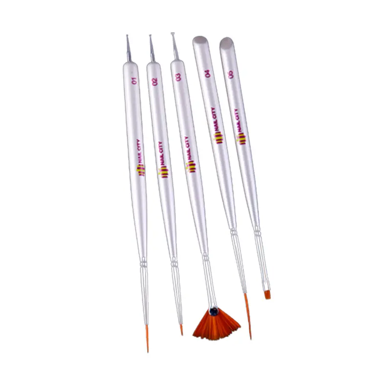 [CNPIN5PZ0004] Pinceles Mano Alzada City Nails |Kit con 5 pinceles, Liner, Stroke y Abanico con Punteador Incluido