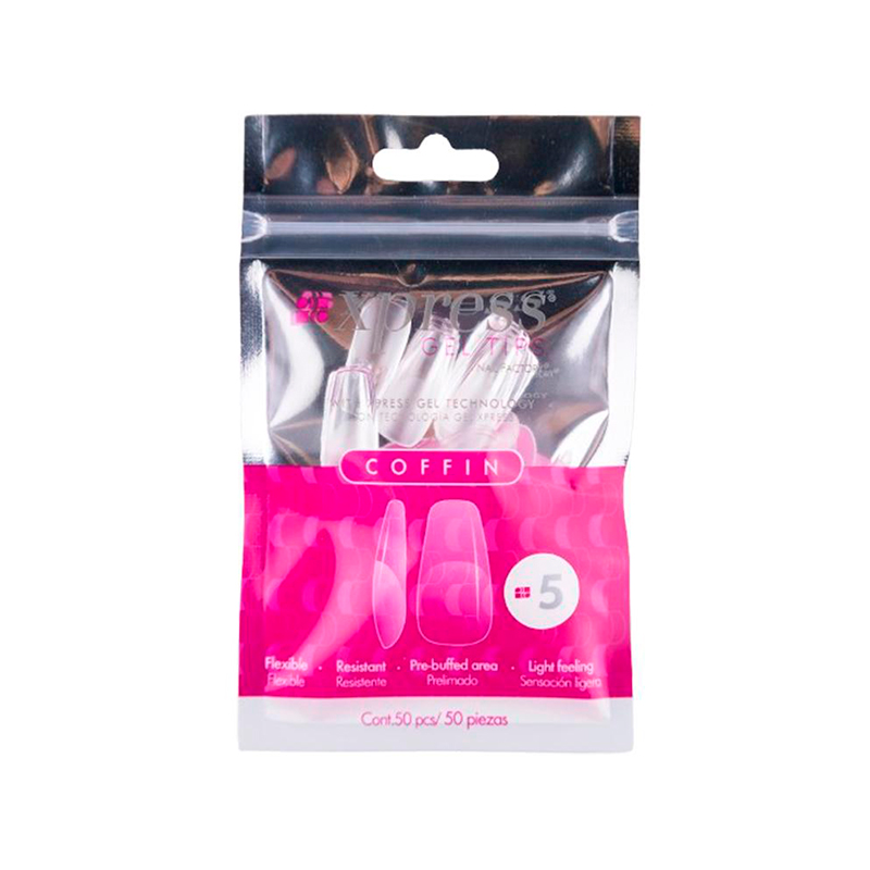 [NFTIP1PZ0405] Xpress Gel Tips Coffin Nail Factory | Tips de Gel para Sistema Soft Gel |Número 5 | 50 pz