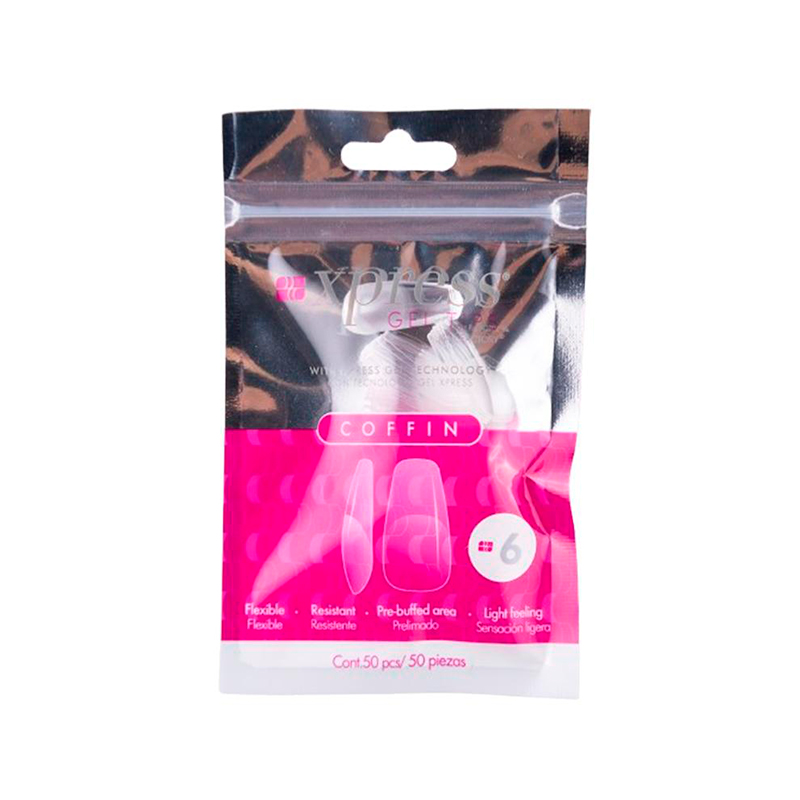 [NFTIP1PZ0406] Xpress Gel Tips Coffin Nail Factory | Tips de Gel para Sistema Soft Gel |Número 6 | 50 pz