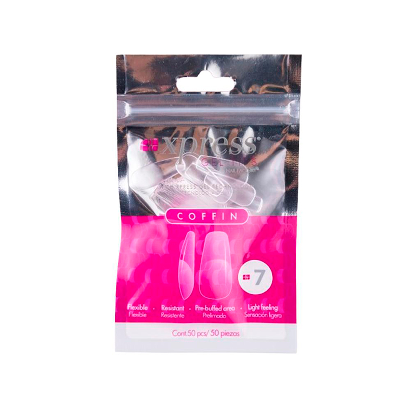 [NFTIP1PZ0407] Xpress Gel Tips Coffin Nail Factory | Tips de Gel para Sistema Soft Gel |Número 7 | 50 pz