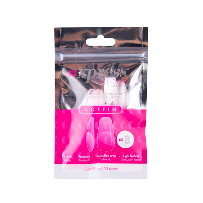 [NFTIP1PZ0408] Xpress Gel Tips Coffin Nail Factory | Tips de Gel para Sistema Soft Gel |Número 8 | 50 pz