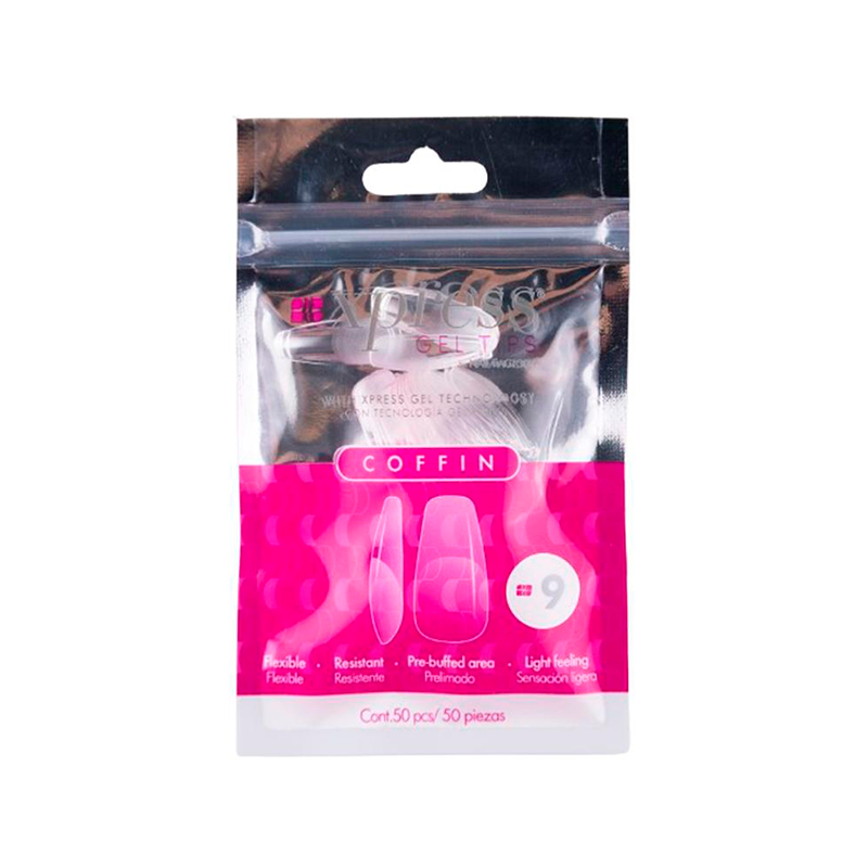 Xpress Gel Tips Coffin Nail Factory | Tips de Gel para Sistema Soft Gel |Número 9 | 50 pz