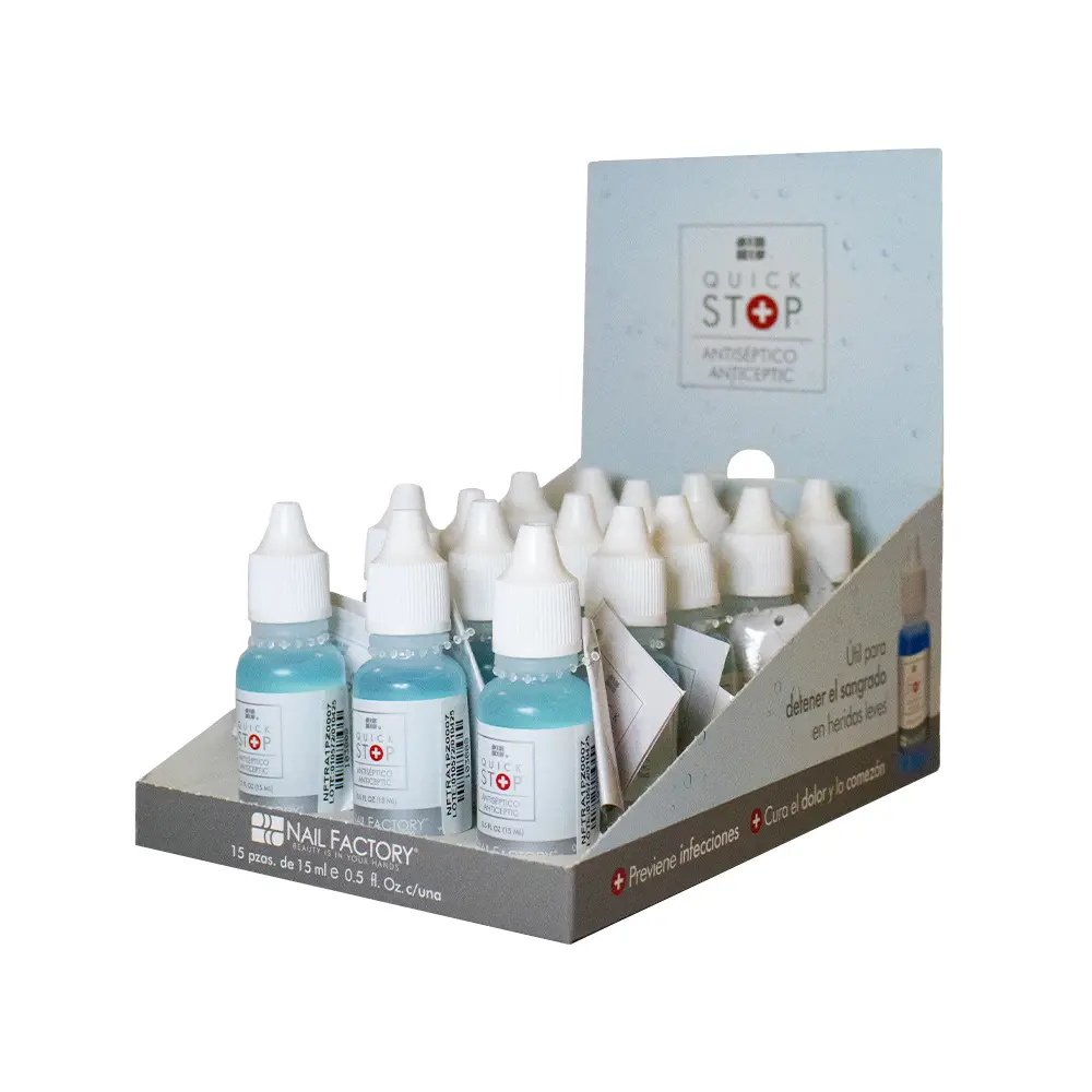 Quick Stop Nail Factory | Antiséptico para cortaduras de manicura | Display 15 pz 0.5 Oz c/u
